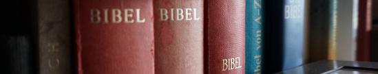 Bibeln im Bücherregal, rote und blaue Einbände