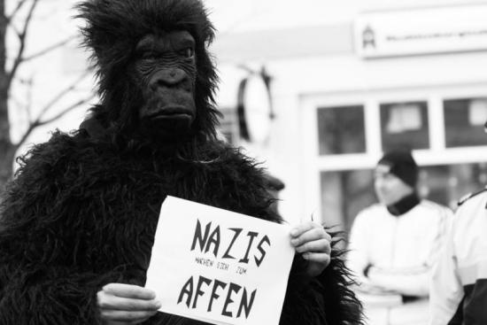 "Nazis machen sich zum Affen" ... antifaschistische Proteste, Bad Segeberg 15.12.2012 (Foto: Antifa) Als Affe verkleideter Antifaschist