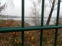 Blick durch den Zaun auf den Stadtpark
