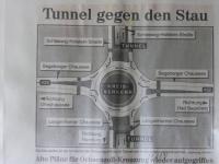 Planskizze des Knoten Ochsenzoll im Januar 1997: Die hier noch vorgesehen Fußgänger-Querungen verschwanden irgendwann nach dem Jahr 2000 aus den Zeichnungen. Jetzt räumten die Planer dem Autoverkehr absolute Priorität ein, ergänzten den Kreise mit drei "Bypässen" zum einfachen Rechtsabbiegen. Skizze zum Knoten Ochsenzoll, 1997
