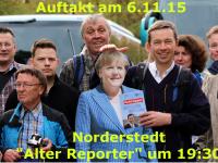 So warb die "ALFA" für ihre Veranstaltung in Norderstedt. Der Wirt des "Alten Reporter" erfuhr erst spät vom Inhalt der Veranstaltung und war "not amused" (Grafik: ALFA). ALFA-Werbung - Bernd Lucke macht sich über eine Merkel-Stelltafel lustig.